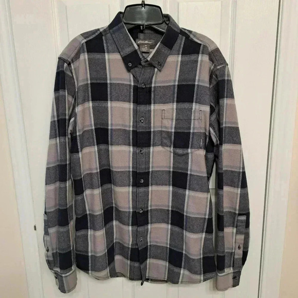 Eddie Bauer Flannel Shirt Blue Grey Plaid Men's Medium Button Up Shirt - Picture 3 of 12